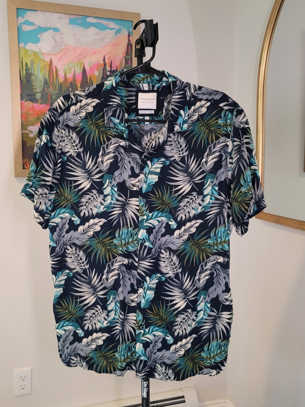 DENIM & FLOWER Men Blue Floral Rayon Hawaiin Shirt Size XL
